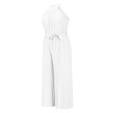 Hanging Neck Sleeveless Pleated Jumpsuit Wide Leg Pants