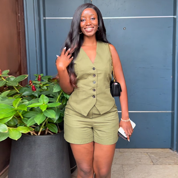Sleeveless V-neck Vest, High Waisted Wide Leg Shorts, Casual Set