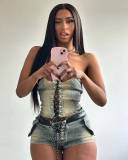 Tie Up Bra Shorts Elastic Denim Bra Set