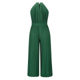 Hanging Neck Sleeveless Pleated Jumpsuit Wide Leg Pants