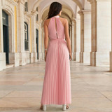 Hanging Neck Sleeveless Pleated Jumpsuit Wide Leg Pants