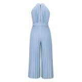 Hanging Neck Sleeveless Pleated Jumpsuit Wide Leg Pants