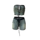 Tie Up Bra Shorts Elastic Denim Bra Set