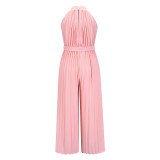 Hanging Neck Sleeveless Pleated Jumpsuit Wide Leg Pants