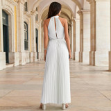 Hanging Neck Sleeveless Pleated Jumpsuit Wide Leg Pants