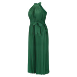 Hanging Neck Sleeveless Pleated Jumpsuit Wide Leg Pants