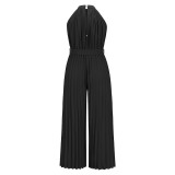 Hanging Neck Sleeveless Pleated Jumpsuit Wide Leg Pants