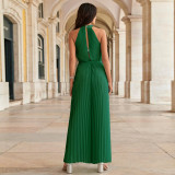 Hanging Neck Sleeveless Pleated Jumpsuit Wide Leg Pants