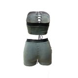 Tie Up Bra Shorts Elastic Denim Bra Set