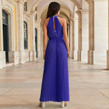 Hanging Neck Sleeveless Pleated Jumpsuit Wide Leg Pants