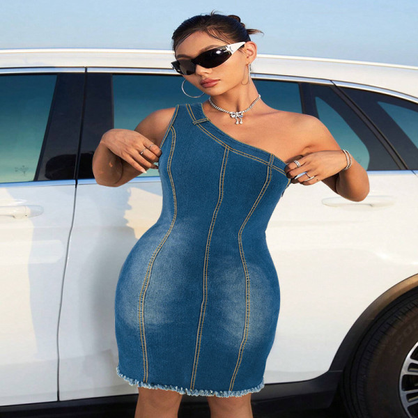 Cowboy Collarless Sleeveless Diagonal Shoulder Tassel Dress
