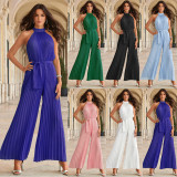 Hanging Neck Sleeveless Pleated Jumpsuit Wide Leg Pants