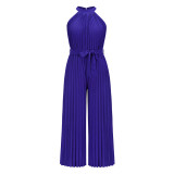 Hanging Neck Sleeveless Pleated Jumpsuit Wide Leg Pants