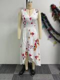 Printed Waistband V-neck Sleeveless Slit Dress