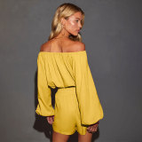 Solid Color One Shoulder Long Sleeved Casual Shorts Set