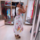 Printed Waistband V-neck Sleeveless Slit Dress