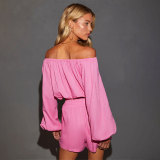 Solid Color One Shoulder Long Sleeved Casual Shorts Set