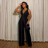 V-neck Sleeveless Jumpsuit Straight Leg Pants