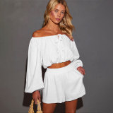 Solid Color One Shoulder Long Sleeved Casual Shorts Set