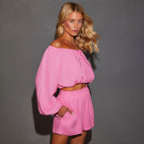 Solid Color One Shoulder Long Sleeved Casual Shorts Set