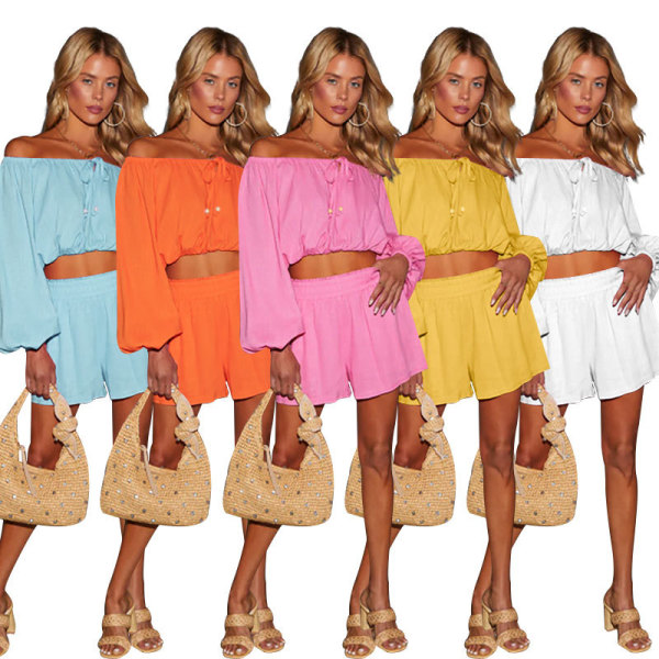 Solid Color One Shoulder Long Sleeved Casual Shorts Set