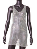 Sleeveless Elastic Mesh Hollowed Out Sparkling Rhinestone Dress
