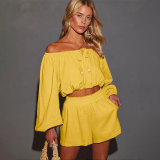 Solid Color One Shoulder Long Sleeved Casual Shorts Set