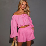 Solid Color One Shoulder Long Sleeved Casual Shorts Set