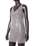 Sleeveless Elastic Mesh Hollowed Out Sparkling Rhinestone Dress