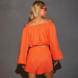 Solid Color One Shoulder Long Sleeved Casual Shorts Set