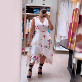 Printed Waistband V-neck Sleeveless Slit Dress