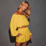 Solid Color One Shoulder Long Sleeved Casual Shorts Set