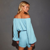 Solid Color One Shoulder Long Sleeved Casual Shorts Set