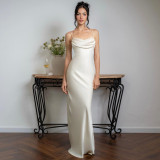 Solid Satin Sexy Backless Suspender Dress