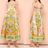 Sling Graffiti Printed Sleeveless Bowtie Large Hem Cotton Linen Dress