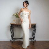 Solid Satin Sexy Backless Suspender Dress