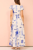 Low Cut V-neck Fashionable Printed Bubble Sleeve Large Hem Cotton Linen Dress