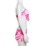 Sleeveless Wrapped Chest and Backless Printed High Waisted and Buttocks Shorts Set