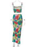Printed Bra and Suspender Top Slim Fit Skirt Set