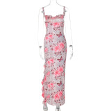 Flower Print Ruffle Edge High Slit Suspender Dress