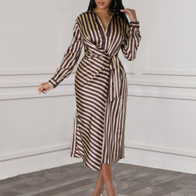 Striped Lapel Shirt Skirt Loose Long Sleeved Dress