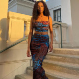 Printed Bra and Suspender Top Slim Fit Skirt Set