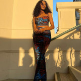 Printed Bra and Suspender Top Slim Fit Skirt Set