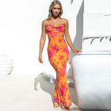 Open Back Lace Up Slim Fit Printed Camisole Dress