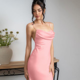 Solid Satin Sexy Backless Suspender Dress