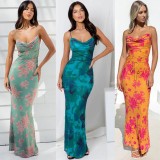 Open Back Lace Up Slim Fit Printed Camisole Dress