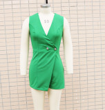 Solid Color Deep V-neck Commuting Jumpsuit Shorts