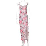 Flower Print Ruffle Edge High Slit Suspender Dress
