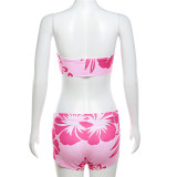 Sleeveless Wrapped Chest and Backless Printed High Waisted and Buttocks Shorts Set