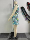 Printed V-neck Sleeveless Pleated High Waisted Wide Leg Shorts Two-piece Set